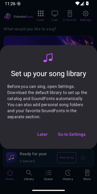 VideokeBoss mobile app showing the library setup instructions